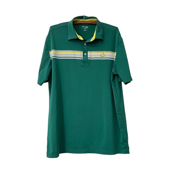 Masters Tech Green Yellow Striped Embroidered Logo Short Sleeve Polo Shirt Large